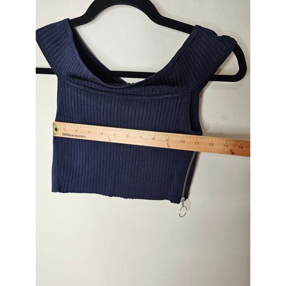 Arc Navy Blue Off Shoulder Ribbed Sweater Silver Side Zip Crop Top P S - Picture 6 of 7